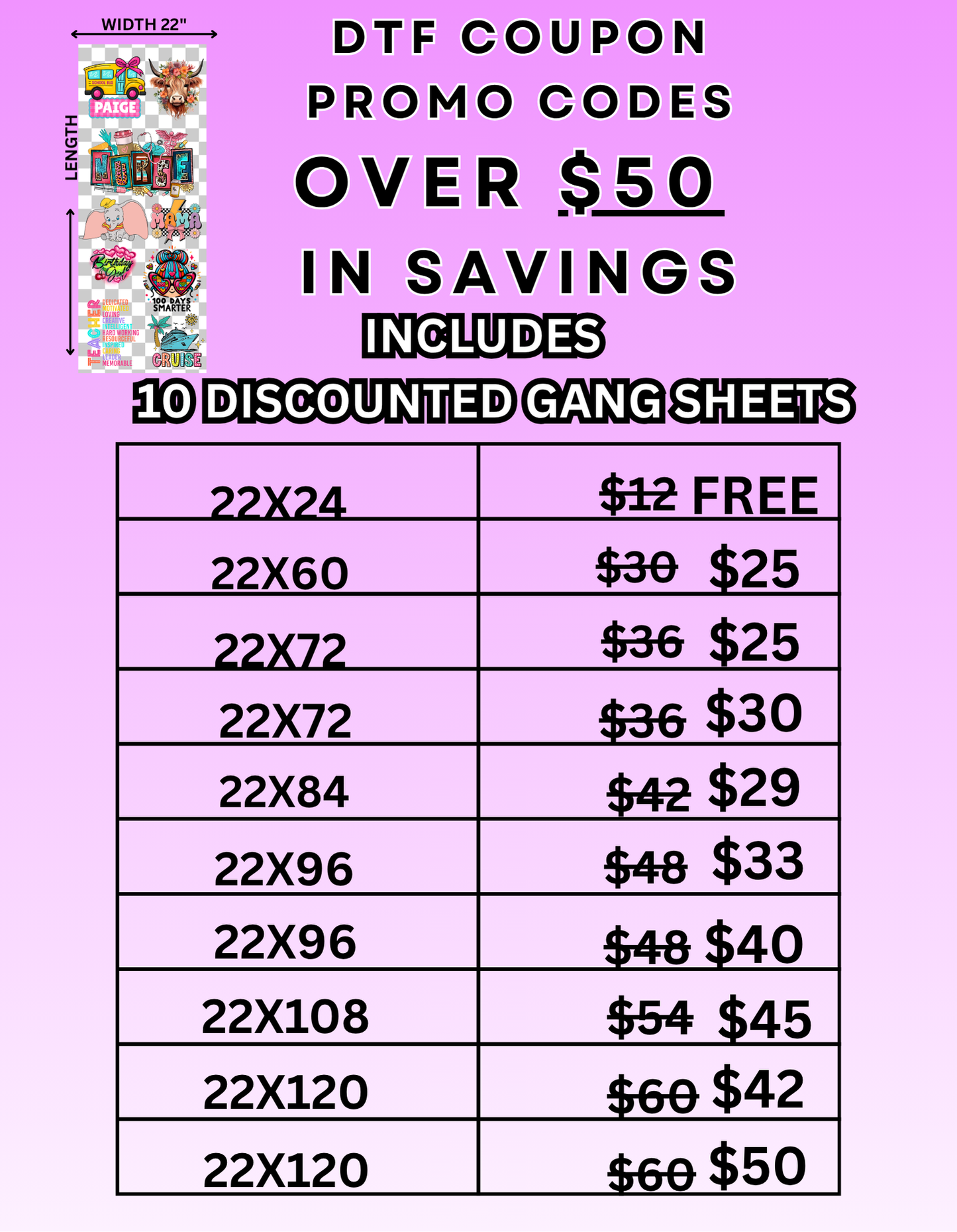 DTF COUPON PROMO CODES- SAVE OVER $50 ON GANG SHEETS
