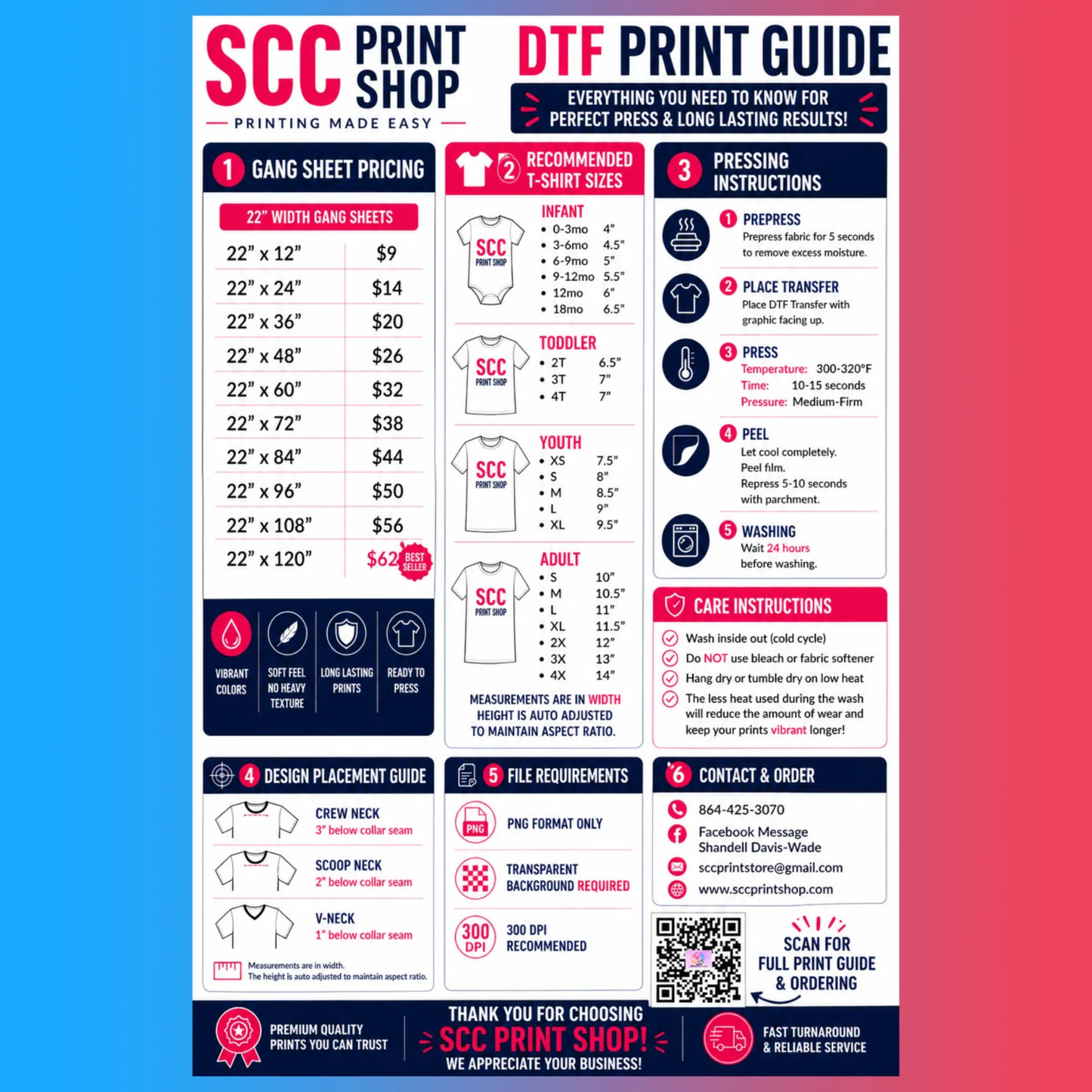 SCC PRINT SHOP DTF Pressing Instructions & Recommended Sizing