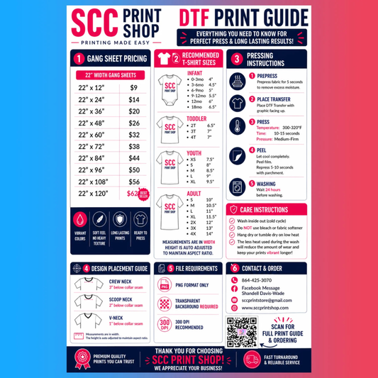SCC PRINT SHOP DTF Pressing Instructions & Recommended Sizing