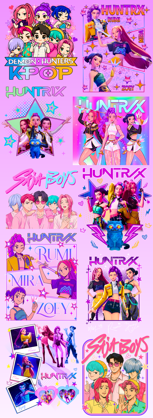 PREMADE GANG SHEET-K POP/HUNTRIX 1-22" x 60"- IMAGES SIZED AT APPROXIMATELY 11" EACH-IDEAL FOR XL YOUTH